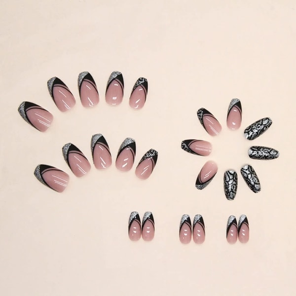 Leopard Fake Nails Black and Silver Glitter Fake Nails Short Press on Nails Glossy Fake Nails Full Cover Fake Nails for Women and Girls Daily