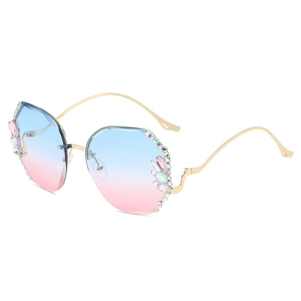 Nya vintage båglösa diamantsolglasögon, överdimensionerade båglösa diamantsolglasögon för kvinnor med diamantskärande lins UV-skydd (blå rosa)