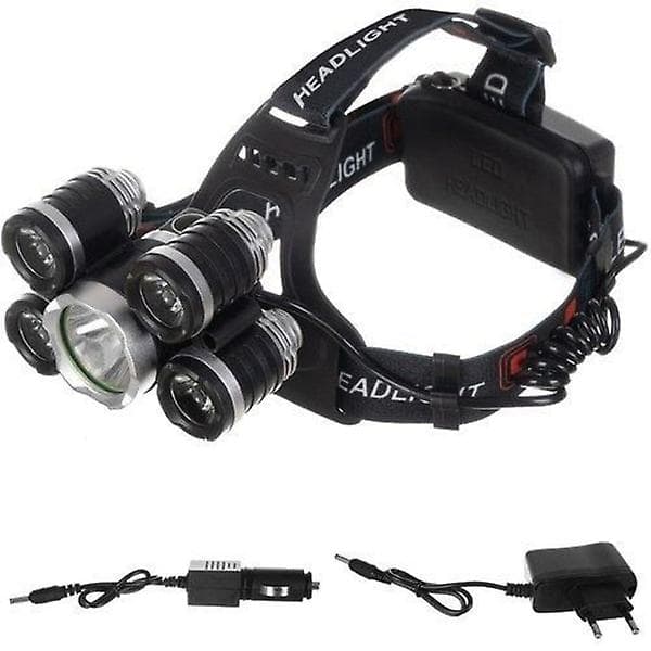 Stærk Pandelampe 5 X Led Cree T6 Inkl. Batterier Og Oplader Sort