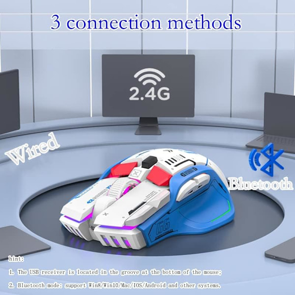 G6 Trådlös spelmus, Bluetooth-mus, 3-lägesanslutning, Mecha-stil design, 12 knappar, 11 RGB-belysning, 5 justerbar DPI, 4000 FPS, Ergonomi white