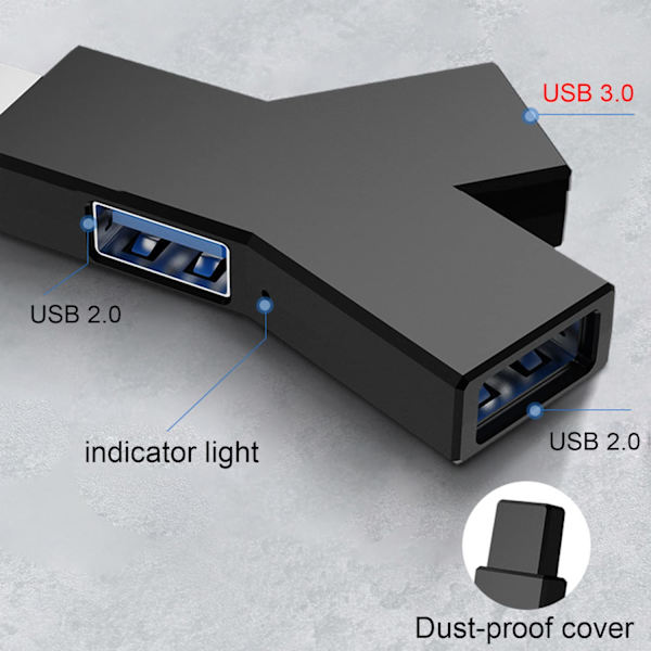 USB-hubb, 3-portars splitterhubb (2 USB 2.0 + USB 3.0) adapter för PC, bärbar dator, mus, tangentbord, USB-minne, mobil hårddisk och mer - svart