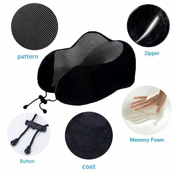 Rejsepude, Bedste Memory Foam Nakkepude Hovedstøtte Blød Pude til Søvn Hvile, Flyrejse Bil & Hjemmebrug (Sort，29*27*14cm)