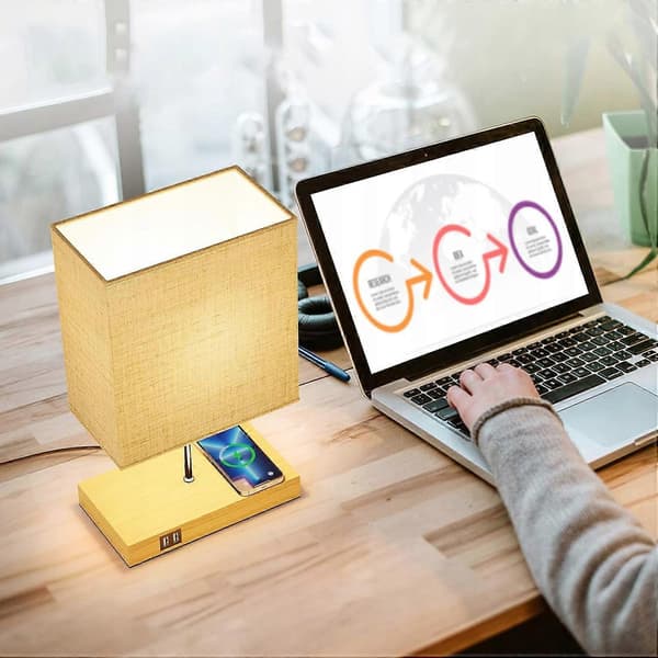 Bordlampe med E27 LED-lampe, skrivebordslampe, trådløs lader, 2 USB