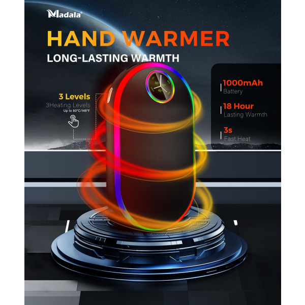 Handvärmare uppladdningsbar med lampor (7 färger), 10000mah Luminescens Elektrisk Handvärmare, (13-18 timmar)