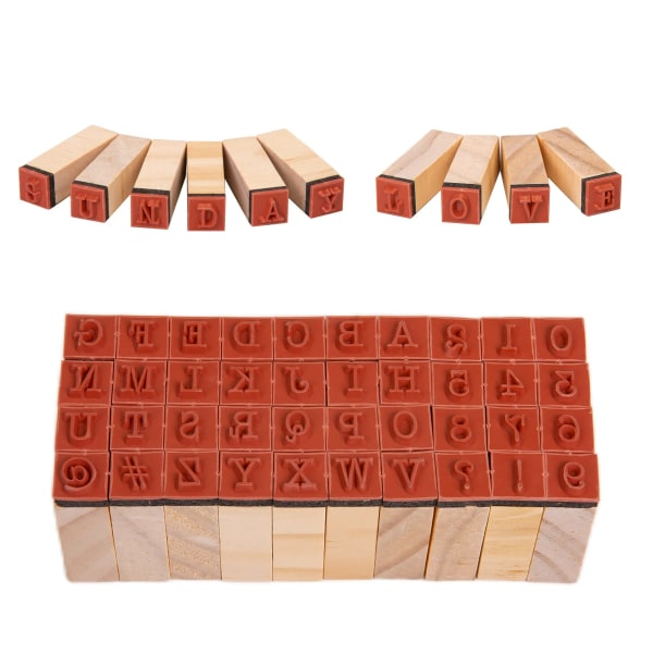 Alfabetstempler, 40 stk trægummistempler - Sæt med stort bogstavnummer og symbol - Minibogstavsstempler og blækpudesæt