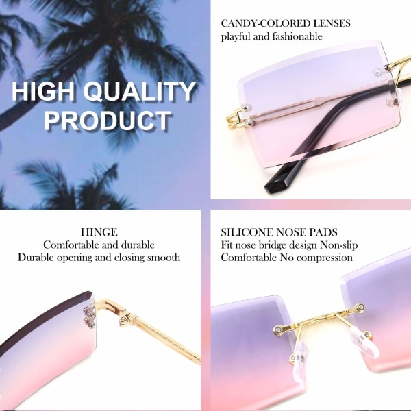 Vintage Rimless Solbriller Rektangulære Rammeløse Candy Farve Briller Kvinder Mænd