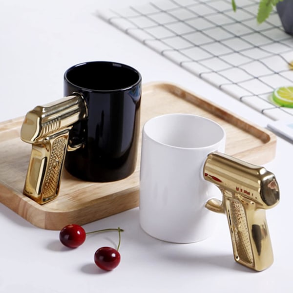 Morsom krus med pistolhåndtak, Nyhet Keramiske Kaffe Kopper, Personlig Pistol Kaffe Kopp, 3D Pistol Håndtak Vann Kopp, Perfekt Nyhet Gag Gave gold