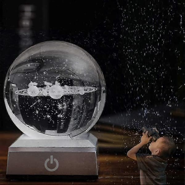 3D Solarsystem Modell Krystallkule Lasergravert Hologram Med Lysende Base Planet Modell Vitenskap Astronomi Læringsleker