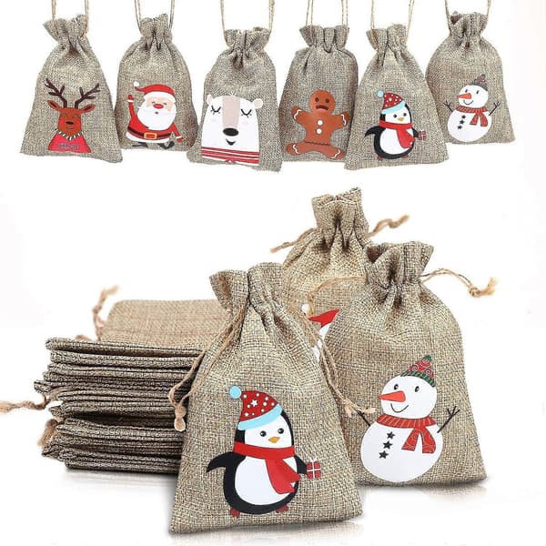 Jul Jute Säckvävspåse, Jul Jute Linne Säckväv Dragsko Present Godispåse För Julklappar