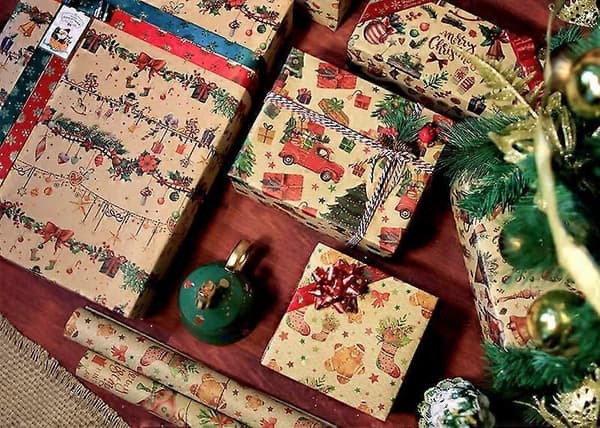 Julklappspapper, 12 ark julklappspapper, Kraftpapper Julklappsinslagning, 70x50CM, för julklappspresent