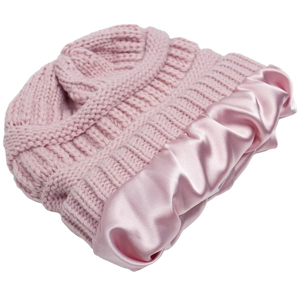 Stickad mössa för kvinnor, foder i satin, skidmössa för kvinnor, slouchy vintermössa för flickor pink