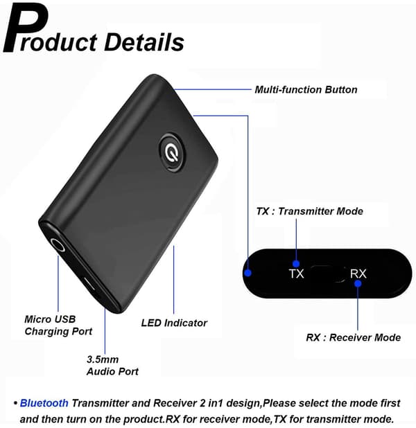 Bluetooth 5.0 -lähetin-vastaanotin, 3,5 mm:n liitäntä