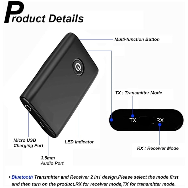 Bluetooth 5.0-sändare och -mottagare, 3,5 mm-uttag