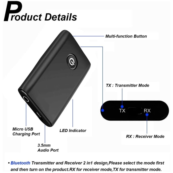 Bluetooth 5.0-sändarmottagare, 3,5 mm-uttag