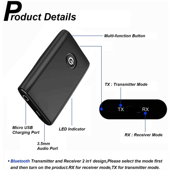 Bluetooth 5.0 Sender Modtager, 3,5 mm Jack