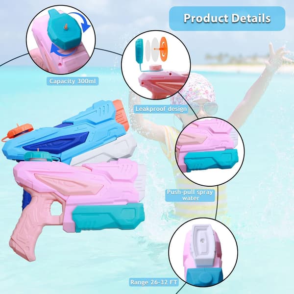 Vattenpistoler 2-pack Vattenpistol för barn Super Soaker Squirt Blå Rosa 300ml Små Vattenpistoler Simleksaker för Sommar Strand 2pcs