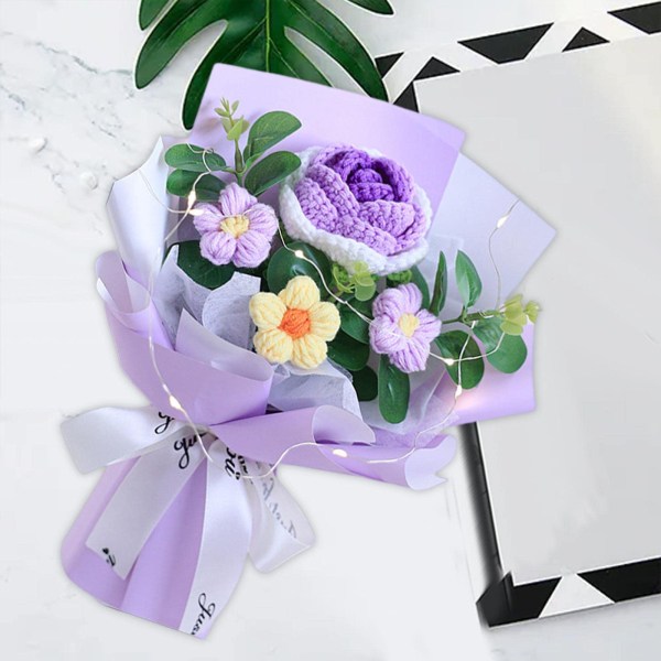 Virkattu kukkakimppu ruusu käsinkudottu kukkakimppupöydän keskiosa monipuolinen koriste Neulotut kukat tekokukkakimppu kotilahjaksi, violetti