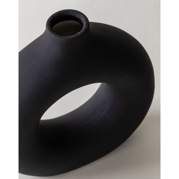 Svart vase for pampasgress, stuetilbehør, svart keramisk smultringvase, matt svart rund sirkelvase, svart rominnredning, moderne hylledekor