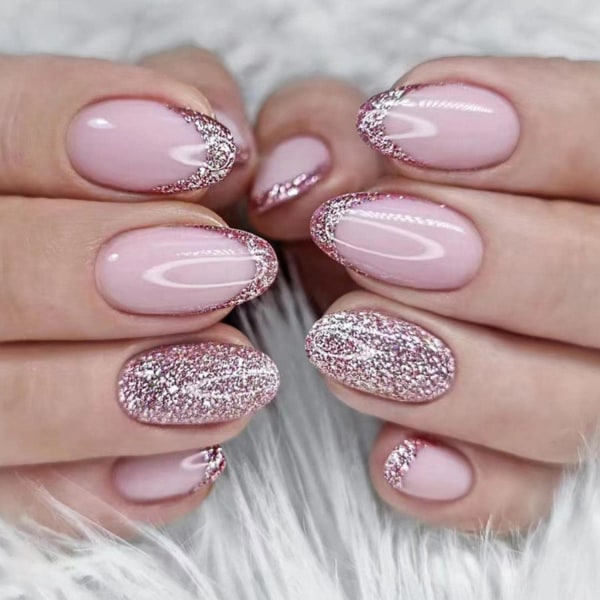 24st mandelpress på naglar Korta, franska spetsar falska naglar glänsande rosa glitter lösnaglar med klistermärken, ovala akryl cover lim på naglar