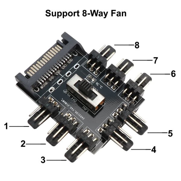 PC-fläkthub 12V PWM-hubb, 8-kanals 3-stifts PWM, CPU-moderkortsfläktkontakt stationär datorfläktfodralfläkt, SATA-gränssnitt (8-portars SATA)