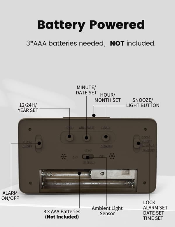 Digital väckarklocka, trä med stor LCD-bakgrundsbelyst display, temperatur, snooze-funktion, ljussensor, 3 AAA【Batteri ingår ej】