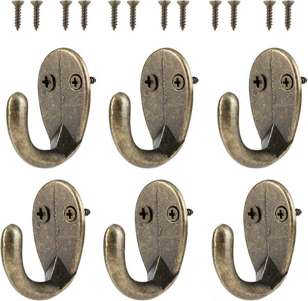 6 stk. Antikk Messing Bronse Kroksett for Retro Funksjonell Dekor