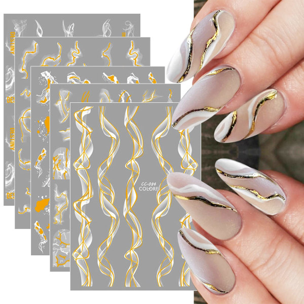 9 arkkia French Tip Marble Nail Art Tarrat Tarrat Itseliimautuvat White Gold Design Manikyyrikärjet Kynsikoristelut tytöille