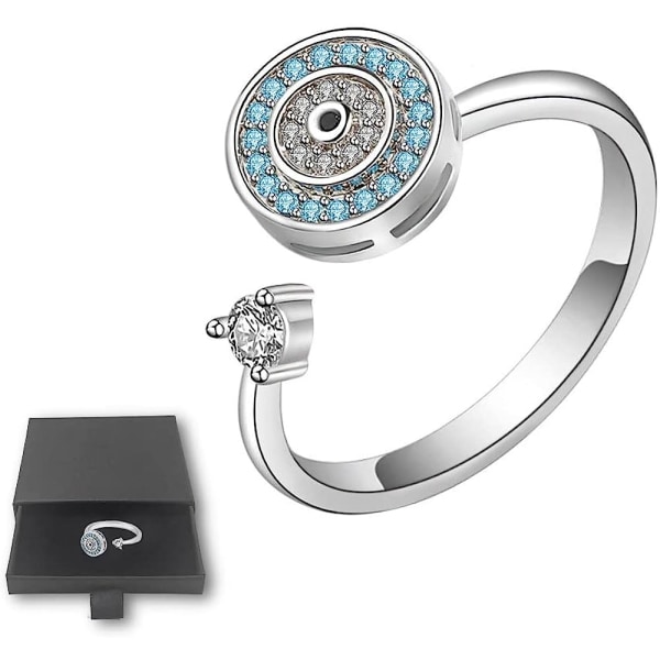 Round Evil Eye Ring, Disc Amulet Justerbar Open Fidget Spinner Rings, Zirconia Crystal Beads Stress Relief Smycken för kvinnor tjejer (Vit guld)