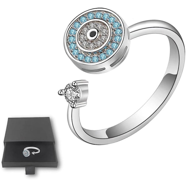 Rund Evil Eye Ring, Disc Amulett Justerbar Open Fidget Spinner Ringer, Zirconia Crystal Beads Stress Relief smykker for kvinner jenter (hvitt gull)