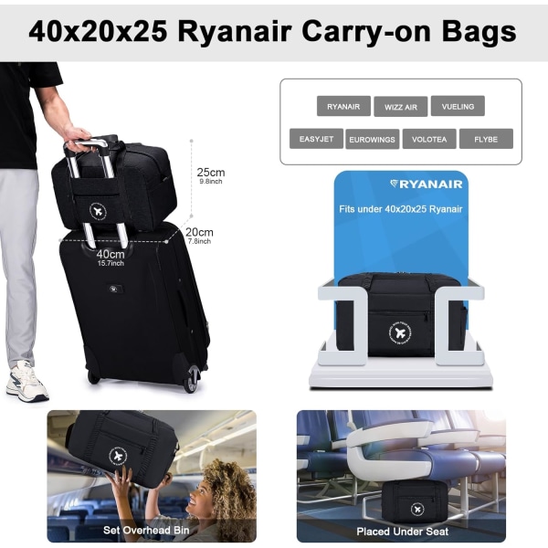 Ryanair kabinetaske 40x20x25 rejseduffeltaske Foldbar kabinetaske under sædet Vandtæt weekendtaske Letvægts bæretaske black