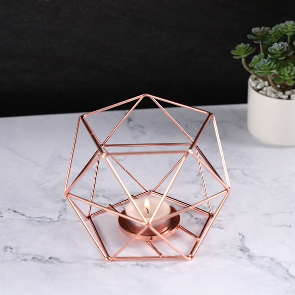 2 st metalljusstakar i järn, ihåliga geometriska värmeljushållare för bröllop, födelsedagsfest, vardagsrum, heminredning (roséguld)