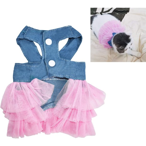 Kattklänningar för hundar, randig kjol med bowknot (S, denimrosa)