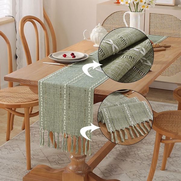 Sage Green Bordslöpare Väva Ränder Makramé Bordslöpare med Tofs Lämplig för Födelsedagsfest Bröllopsbordsdekoration, 13 * 94 tum/33 * 240 cm