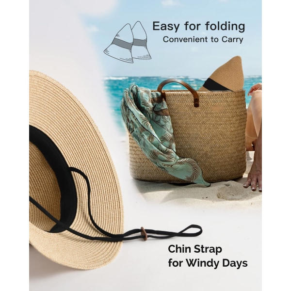 Dam Beach Sun Straw Hat UV Travel Vikbar brätte sommar UV-hatt（56-58cm）