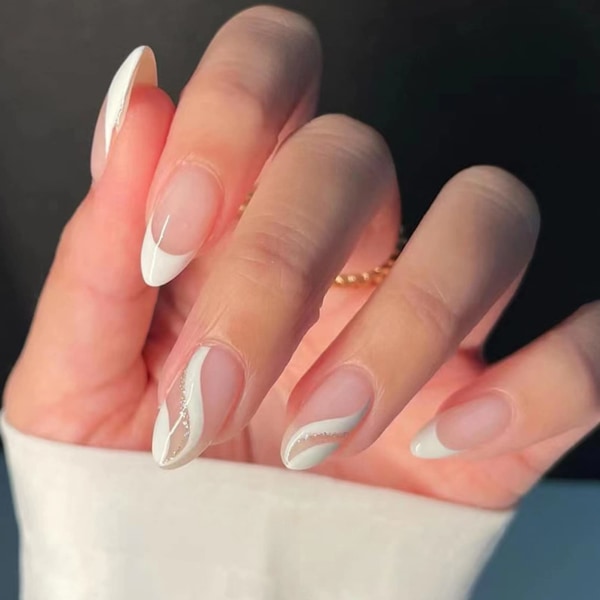 Falska naglar, 24 st vita franska tryck på naglar med vågmönster, virvel glitter falska naglar korta med nagellim
