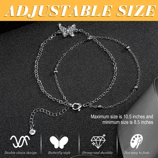 Butterfly Layered Ankles Armband for Women Butterfly Chain Anklet Justerbar Dubbellager Beach Foot Smycken Sommar Anklet for Women Girls
