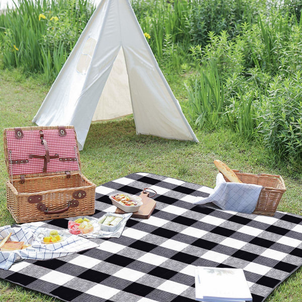 Stor picknick- och utomhusfilt 3 lager vattentät vårsommar svartvit rutig, för strand och camping på gräs, vattentät sandtät