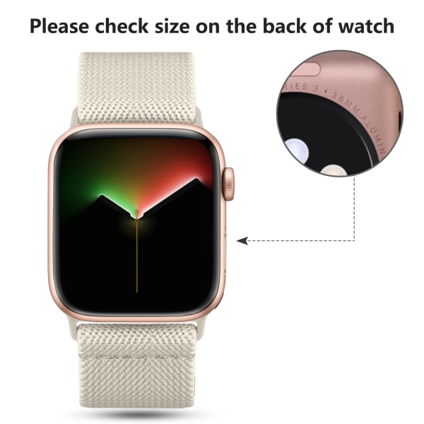 Justerbar, elastisk nylonflettet sportsreim for iWatch SE Series 8/7/6/5/4/3/2/1, 38mm/40mm/41mm, Starlight