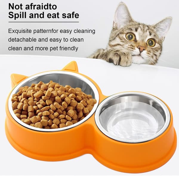 Set med dubbla kattmatskålar i rostfritt stål, halkfri bas, diskmaskinsäker - för torr- och våtfoder, söt kattdesign (Gul)