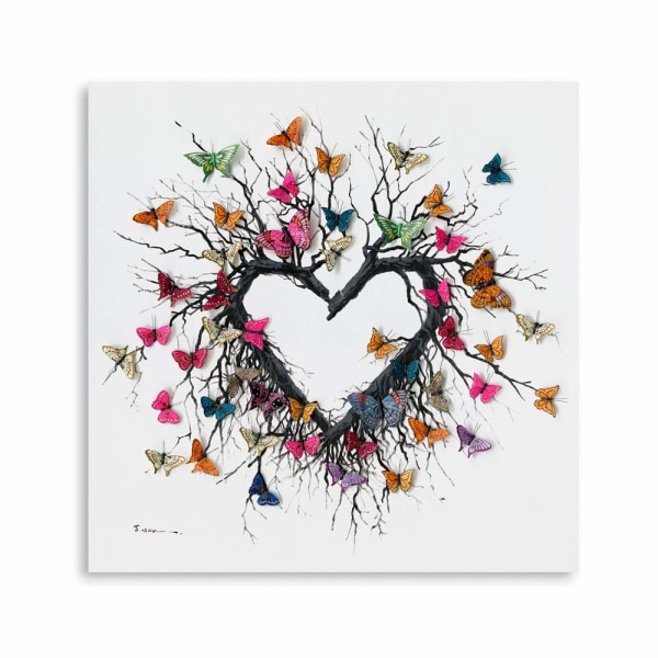 Print för fjäril Väggkonst för sovrum: Hjärtformade grenar omgivna av färgglada fjärilar Bild med kärlekstema för tonårsflickor (30x30 cm)