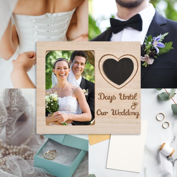 Bryllup Countdown fotoramme, 7,8"*7,08" Rustik par fotoramme Personlig ramme med hjerte tavle til brude bruse gaver
