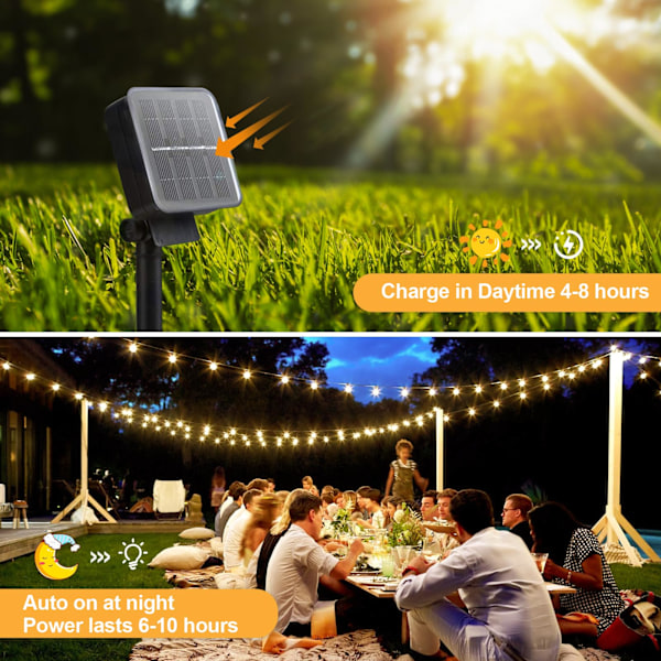 Aurinkokennovalot ulkokäyttöön, 9m 60 LED aurinkokäyttöiset valosarjat, 8 tilaa, IP65 vedenpitävä, puutarhaan, patiolle, häihin, juhliin ja koristeluun (Lämmin valkoinen)