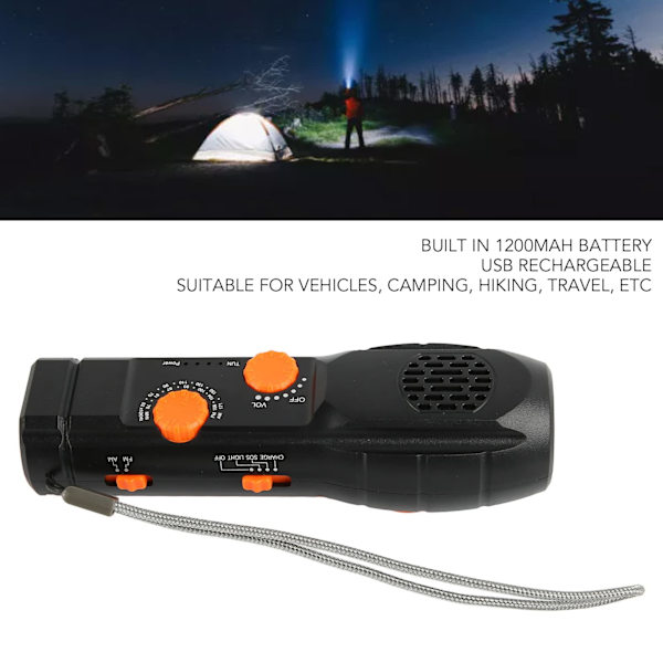 Nöd solcell vevradio, bärbar väderradio med AM/FM, SOS-larm, 1200mAh batteri USB-laddning (svart)