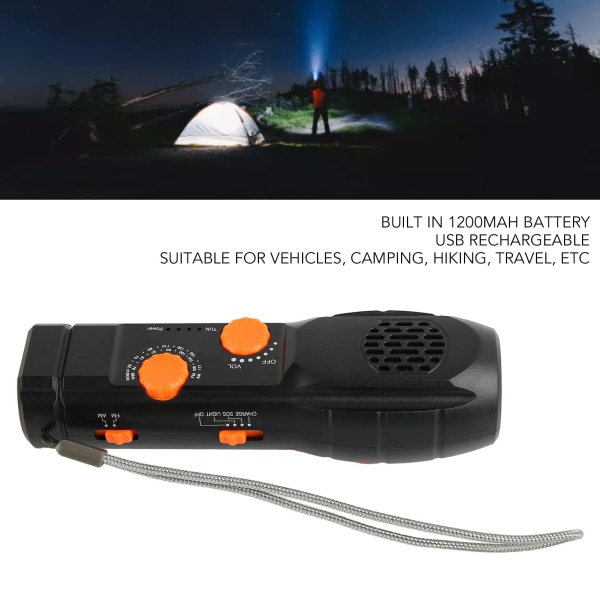 Nødvendig solcelledrevet håndsvingradio, bærbar vejrradio med AM/FM, SOS-alarm, 1200 mAh batteri USB-opladning (sort)