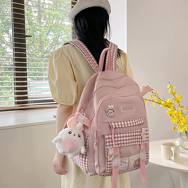 Kawaii Harajuku Ryggsäck Söt Rutig Student Ryggsäck (Rosa)