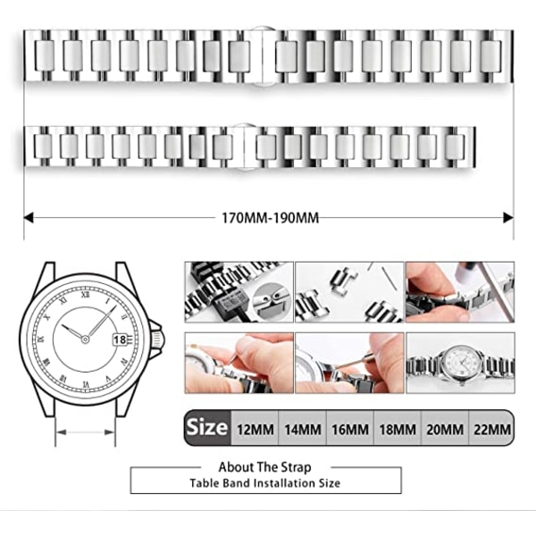 Klokkebånd Sølv Stål og Hvit Keramisk Klokkearmbånd 18mm