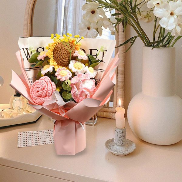 Handgjord stickad bukett virkad bukett konstgjorda blommor stickad solros ros prästkrage färdig produkt evig välsignelse, rosa