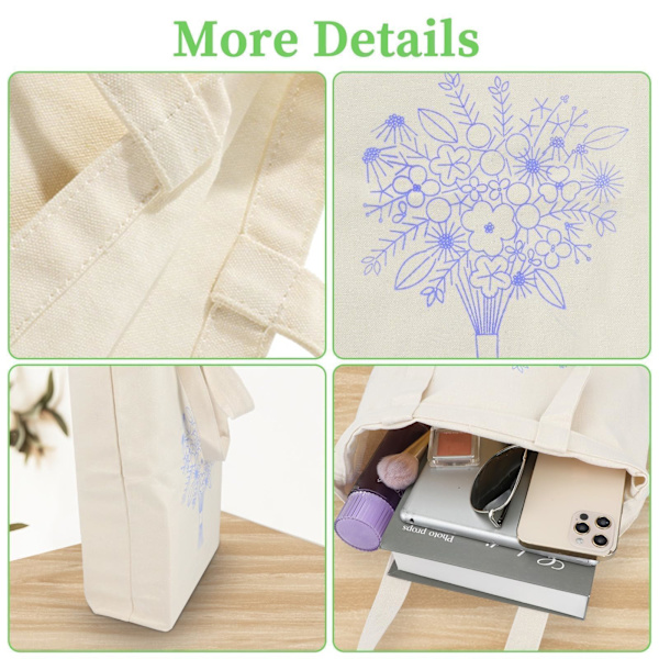 Canvas Tote Bag Broderikit med Blommönster, Konst och DIY Vuxna Korsstygnshantverkssatser, Vit