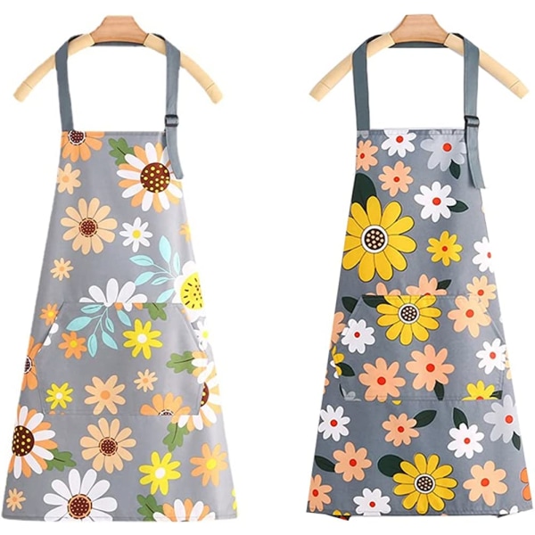 Vandtætte køkkenforklæder, 2-pack blomsterforklæder med lommer
