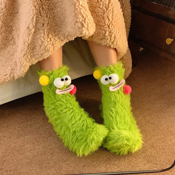 Damestrømper Fluffy Cartoon Monster Sokker, Coral Velvet 3D Plys Quirky Socks, Vinter Varm Fuzzy Hyggesokker Julegaver Hjemmesko Sokker(grønne) green